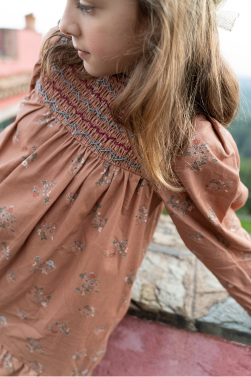 Dress girl winter vagabonde cinnamon flowered organic cotton sleeve