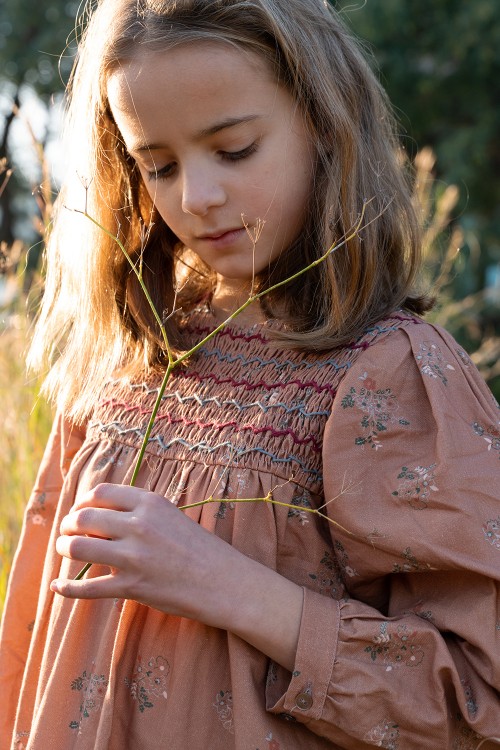 Dress girl winter wanderer cinnamon flowered organic cotton sleeve