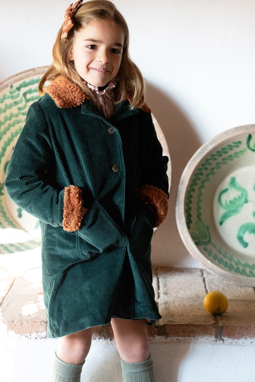 coat child gava corduroy green collar natural fur organic cotton winter