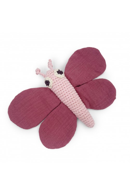 Pink butterfly rattle & blanket in organic cotton N.1